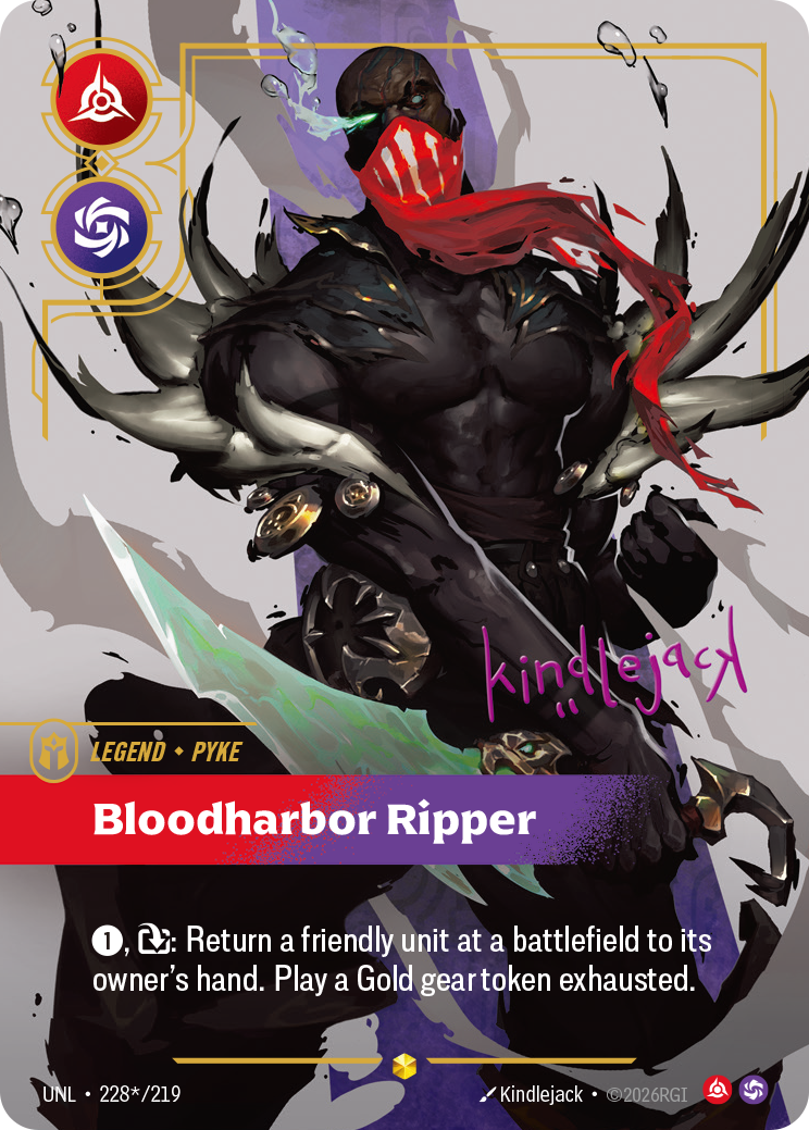 Riftbound Legend: Bloodharbor Ripper. [1], [T]: Return a friendly unit at a battlefield to its owner's hand. Play a Gold gear token exhausted.