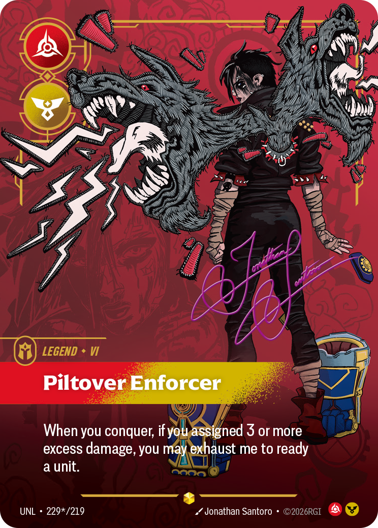 Riftbound Legend: Piltover Enforcer. When you conquer, if you assigned 3 or more excess damage, you may exhaust me to ready a unit.