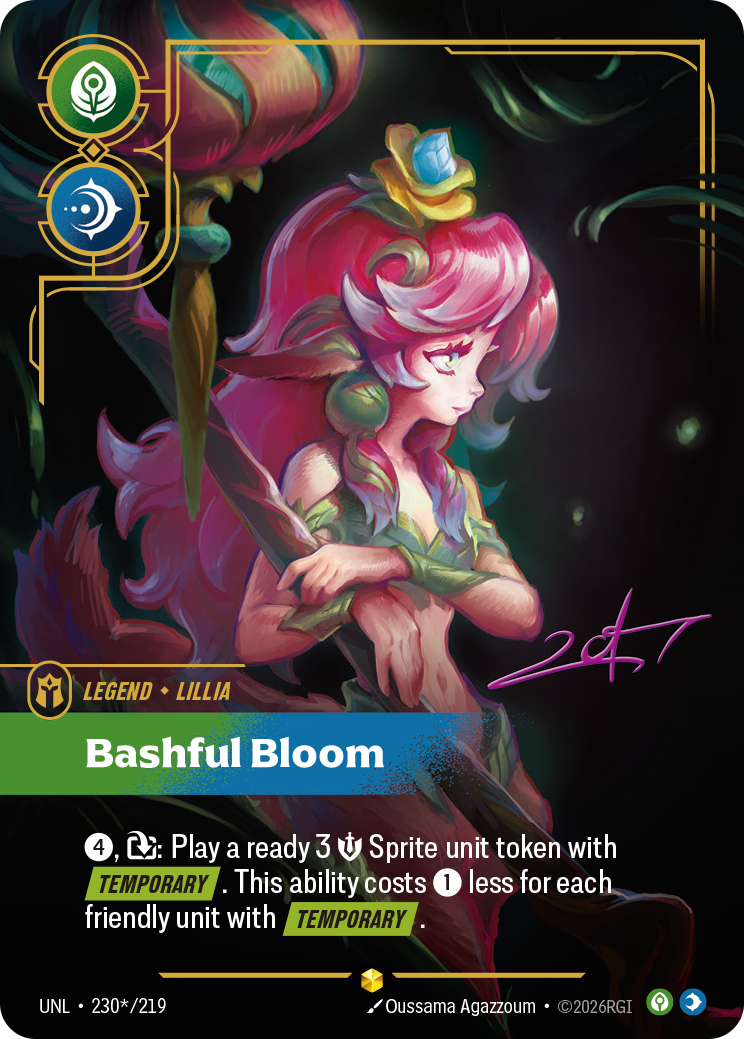 Riftbound Legend: Bashful Bloom. [4], [T]: Play a ready 3 [S] Sprite unit token with [Temporary]. This ability costs [1] less for each friendly unit with [Temporary].