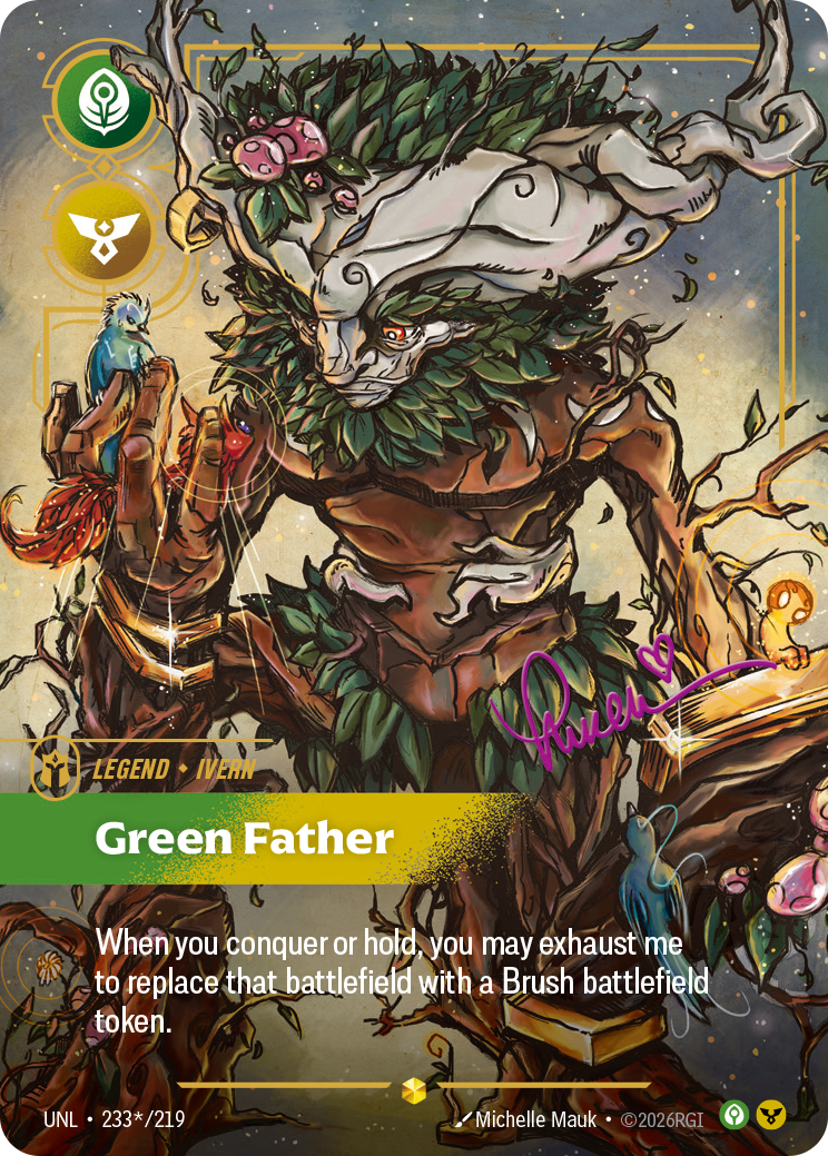 Riftbound Legend: Green Father. When you conquer or hold, you may exhaust me to replace that battlefield with a Brush battlefield token.