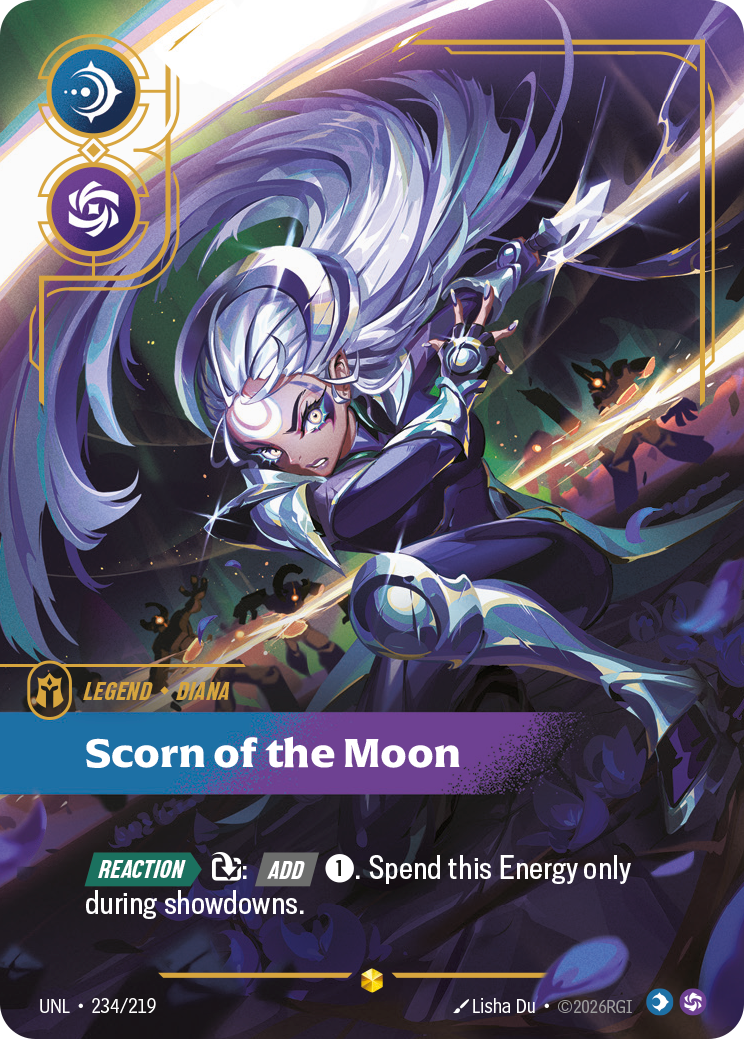 Riftbound Legend: Scorn of the Moon. [Reaction][>] [T]: [Add] [1]. Spend this Energy only during showdowns.