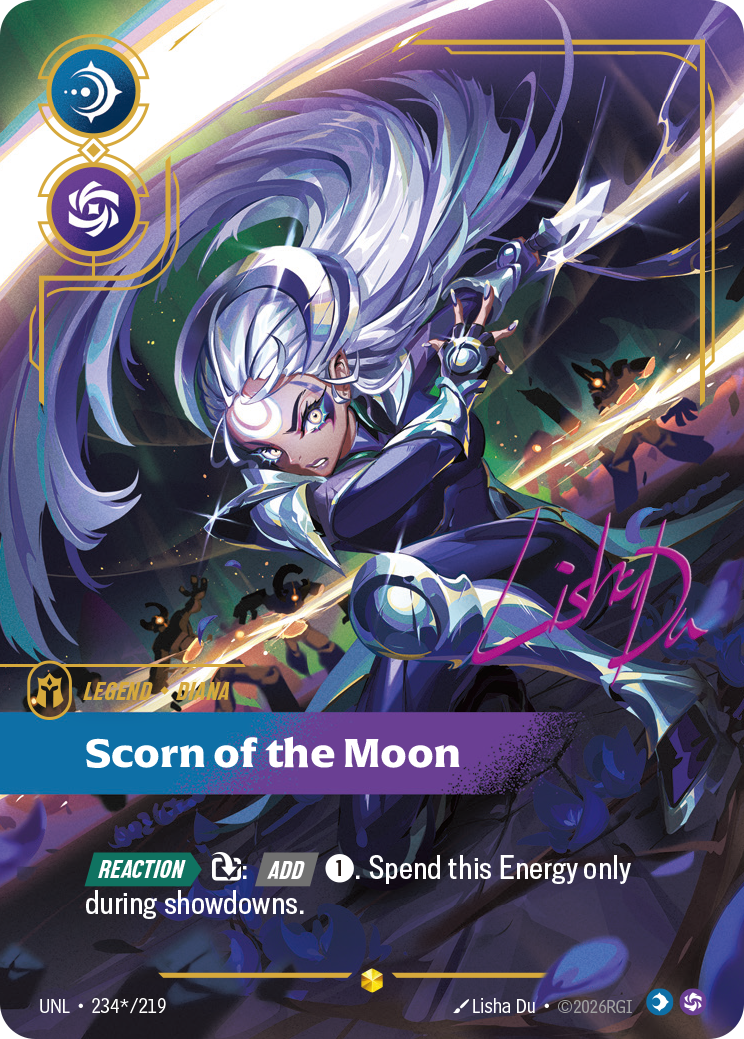 Riftbound Legend: Scorn of the Moon. [Reaction][>] [T]: [Add] [1]. Spend this Energy only during showdowns.