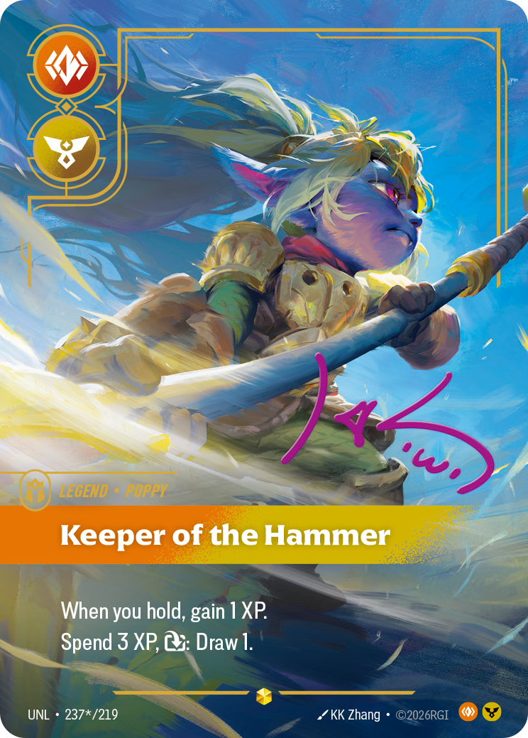 Riftbound Legend: Keeper of the Hammer. When you hold, gain 1 XP.
Spend 3 XP, [T]: Draw 1.