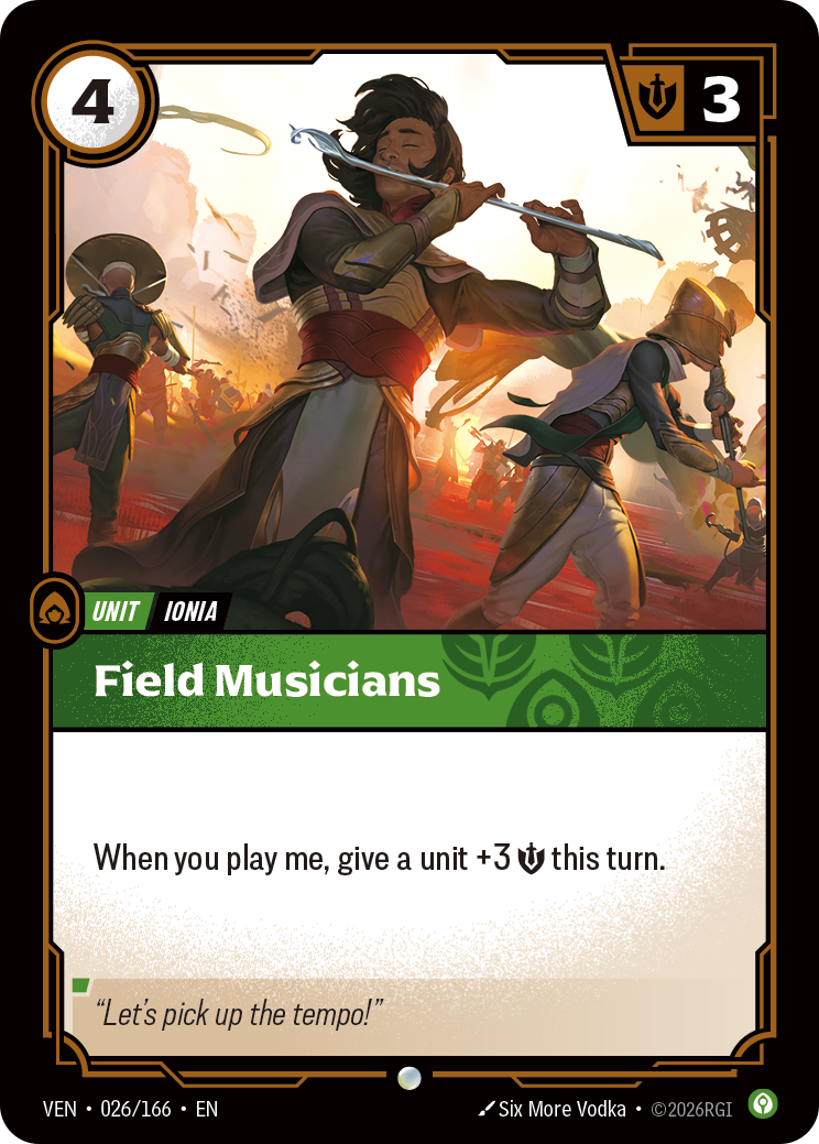 Riftbound Unit: Field Musicians. When you play me, give a unit +3 [S] this turn.