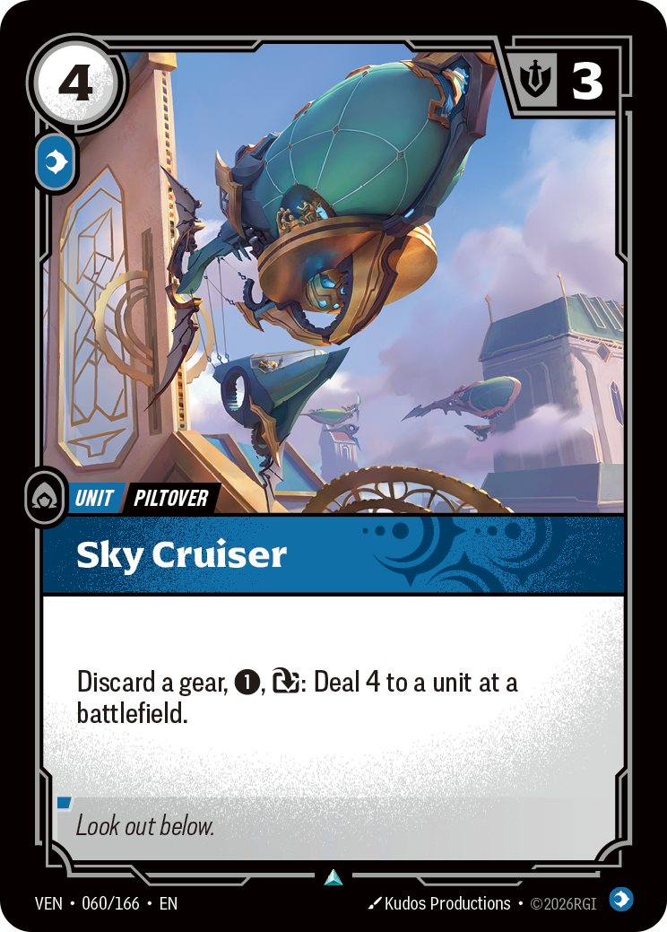 Riftbound Unit: Sky Cruiser. Discard a gear, [1], [T]: Deal 4 to a unit at a battlefield.