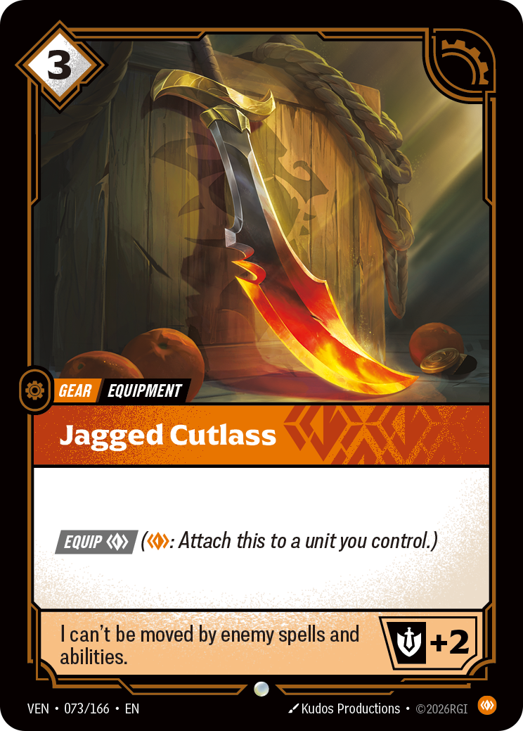 Riftbound Gear: Jagged Cutlass. Equip [C] ([C]: Attach this to a unit you control.)
