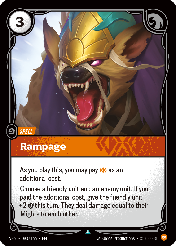 Riftbound Spell: Rampage. As you play this, you may pay [C] as an additional cost.
Choose a friendly unit and an enemy unit. If you paid the additional cost, give the friendly unit +2 [S] this turn. They deal damage equal to their Mights to each other.