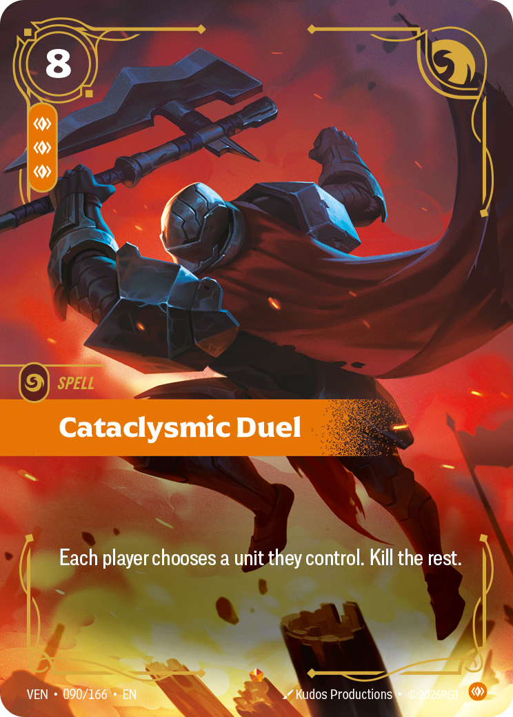 Riftbound Spell: Cataclysmic Duel. Each player chooses a unit they control. Kill the rest.