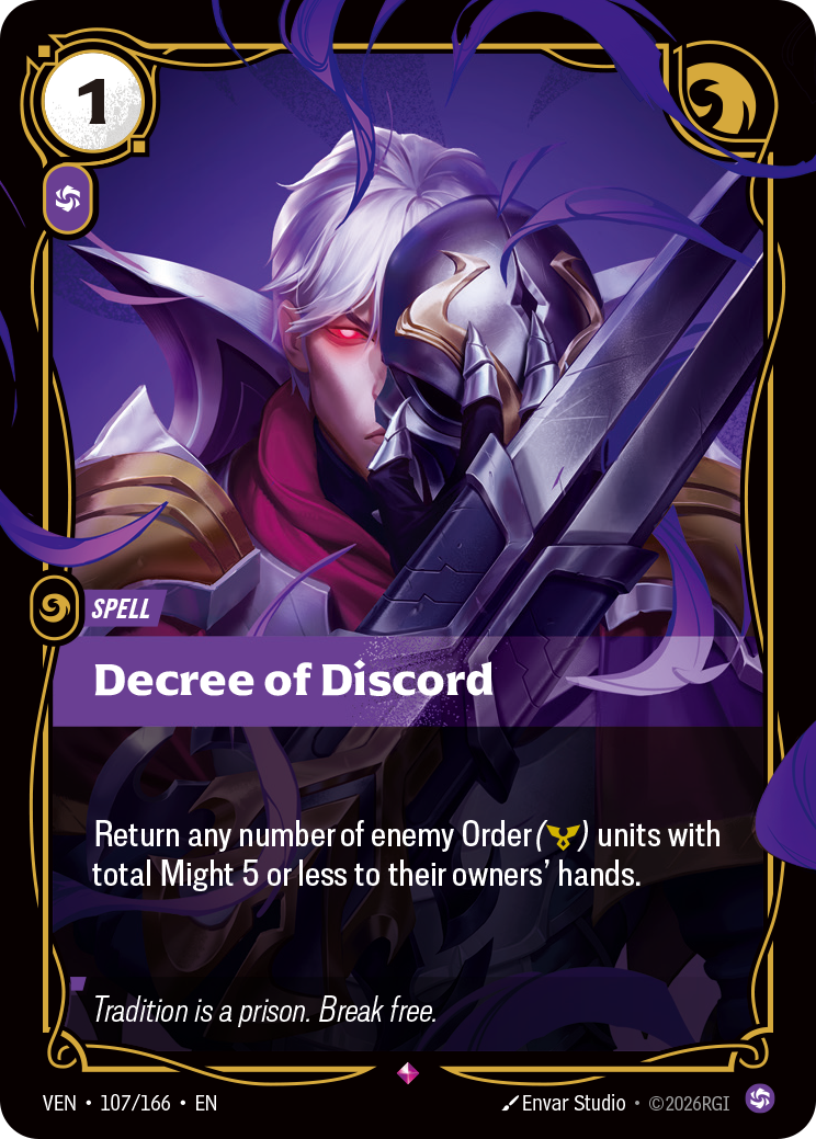Riftbound Spell: Decree of Discord. Return any number of enemy Order ([Y]) units with total Might 5 or less to their owners' hands.
