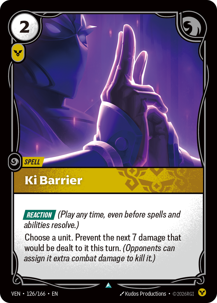 Riftbound Spell: Ki Barrier. [Reaction] (Play any time, even before spells and abilities resolve.)
Choose a unit. Prevent the next 7 damage that would be dealt to it this turn. (Opponents can assign it extra combat damage to kill it.)
