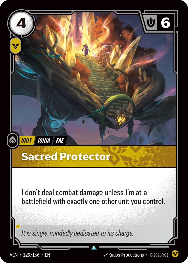 Riftbound Unit: Sacred Protector. I don't deal combat damage unless I'm at a battlefield with exactly one other unit you control.