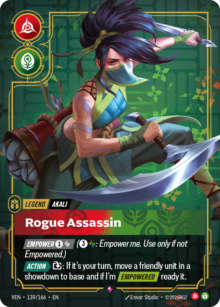 Riftbound Legend: Rogue Assassin. [Empower] [3][A] ([3][A]: Empower this. Use only if not Empowered.)
[Action][>] [T]: If it's your turn, move a friendly unit in a showdown to base and if I'm [Empowered], ready it.
