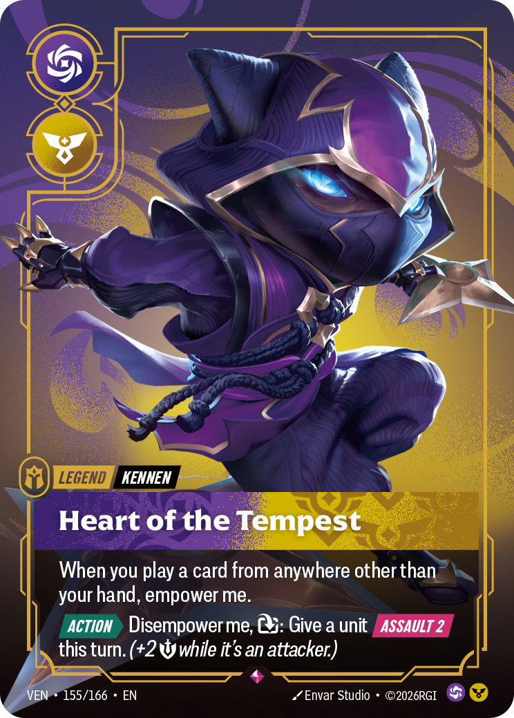 Riftbound Legend: Heart of the Tempest. When you play a card from anywhere other than your hand, empower me.
[Action][>] Disempower me, [T]: Give a unit [Assault 2] this turn. (+2 [S] while it's an attacker.)