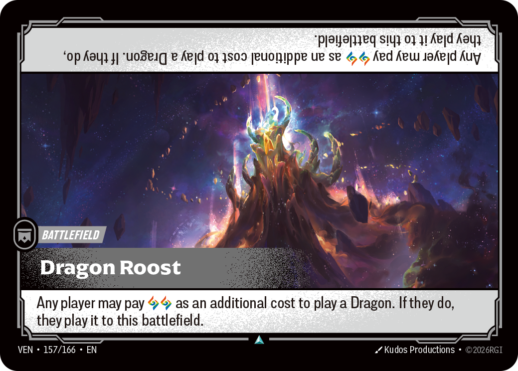 Riftbound Battlefield: Dragon Roost. Any player may pay [A][A] as an additional cost to play a Dragon. If they do, they play it to this battlefield.