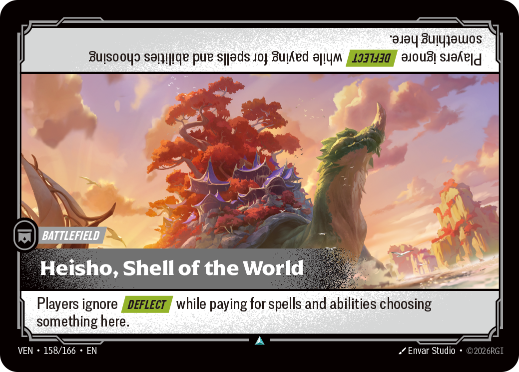 Riftbound Battlefield: Heisho, Shell of the World. Players ignore [Deflect] while paying for spells and abilities choosing something here.