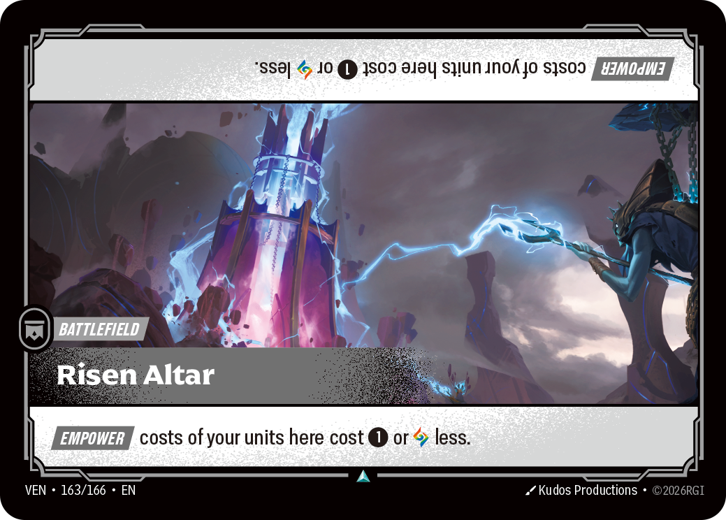 Riftbound Battlefield: Risen Altar. [Empower] costs of your units here cost [1] or [A] less.