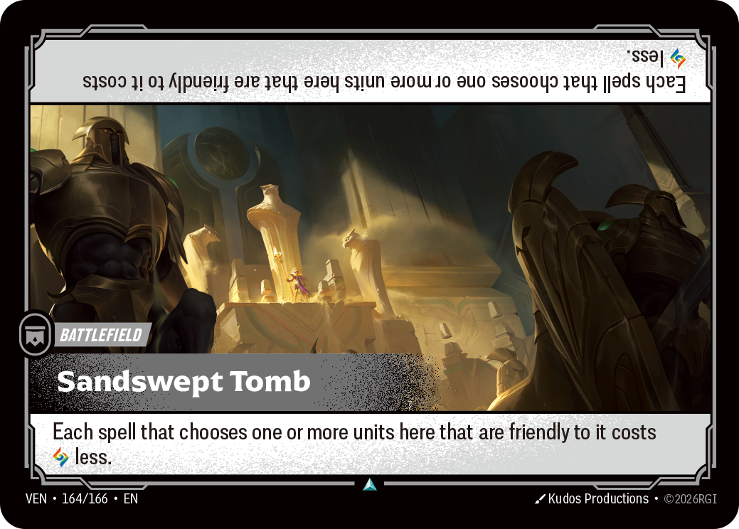 Riftbound Battlefield: Sandswept Tomb. Each spell that chooses one or more units here that are friendly to it costs [A] less.