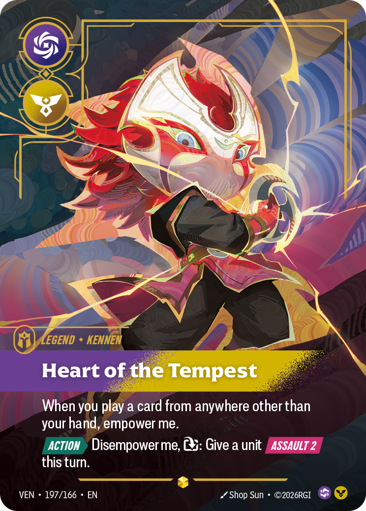 Riftbound Legend: Heart of the Tempest. When you play a card from anywhere other than your hand, empower me.
[Action][>] Disempower me, [T]: Give a unit [Assault 2] this turn.