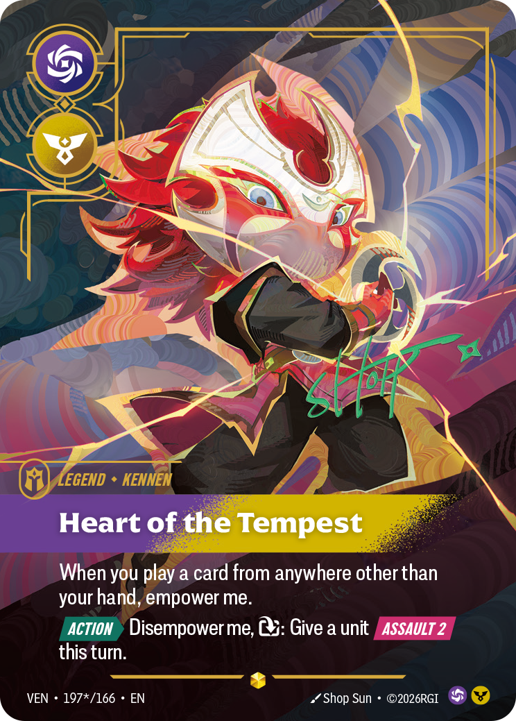 Riftbound Legend: Heart of the Tempest. When you play a card from anywhere other than your hand, empower me.
[Action][>] Disempower me, [T]: Give a unit [Assault 2] this turn.