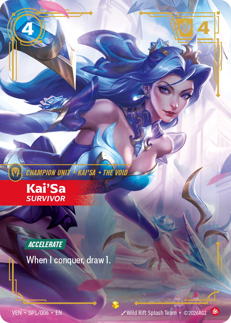 Riftbound Unit: Kai'Sa, Survivor. [Accelerate]
When I conquer, draw 1.