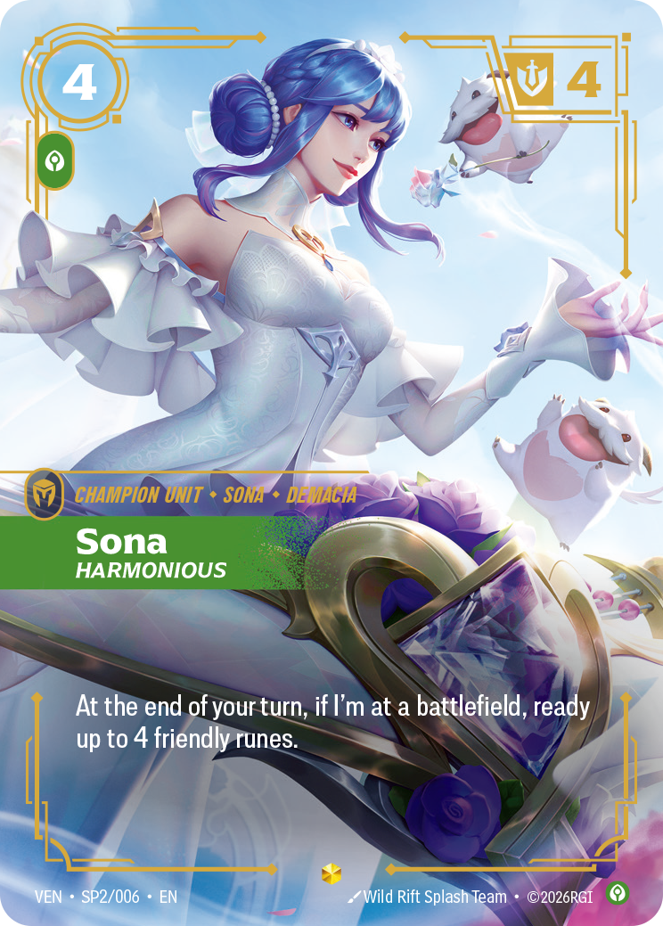 Riftbound Unit: Sona, Harmonious. At the end of your turn, if I'm at a battlefield, ready up to 4 friendly runes.