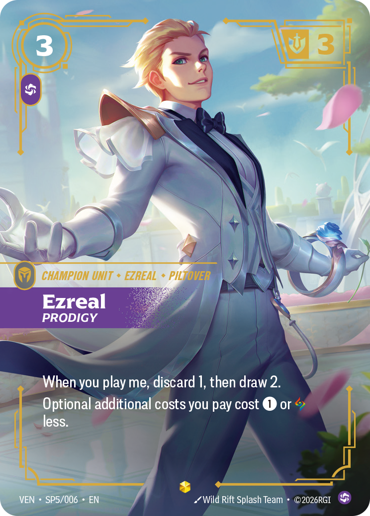 Riftbound Unit: Ezreal, Prodigy. When you play me, discard 1, then draw 2.
Optional additional costs you pay cost [1] or [A] less.