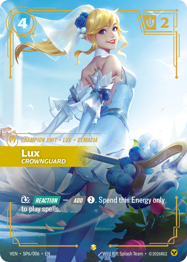 Riftbound Unit: Lux, Crownguard. [T]: [Reaction] — [Add] [2]. Spend this Energy only to play spells.